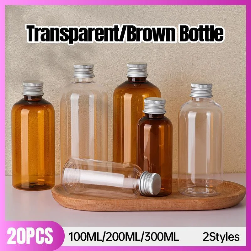20pcs Brown Transparent Cosmetic Bottles with Aluminum Lids for Packaging - Transparent-200ml