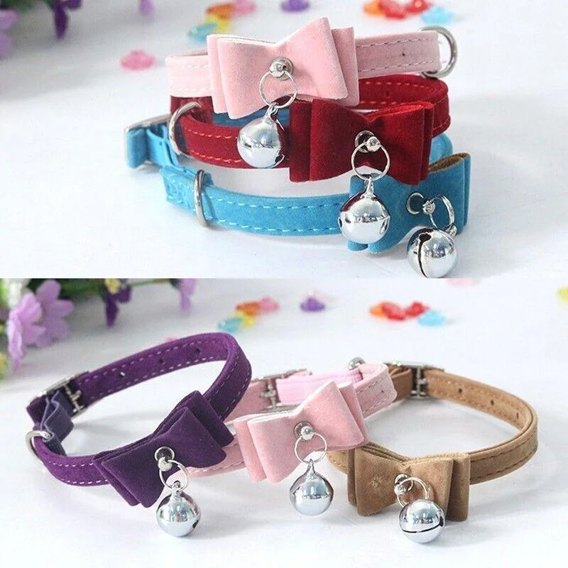 1× Adjustable Suede Cat Collar with Bow Bell Pink Blue Black Red - Black