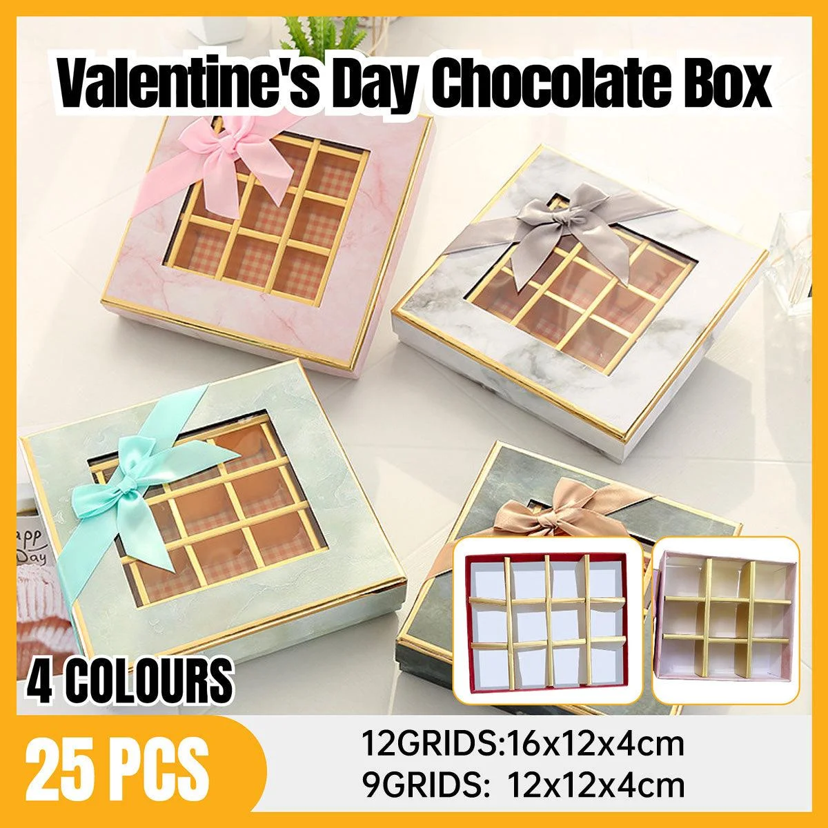 25X Valentines Day 9/12Grids Chocolate Box Gourmet Desserts Gift Display Window - Gray 9Grids-12-12-4-25pcs