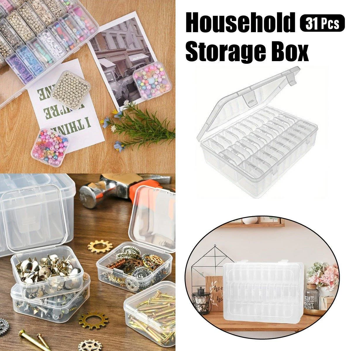 31PCS Plastic Home Storage Box Transparent Desktop Organizer Jewelry Beads Box