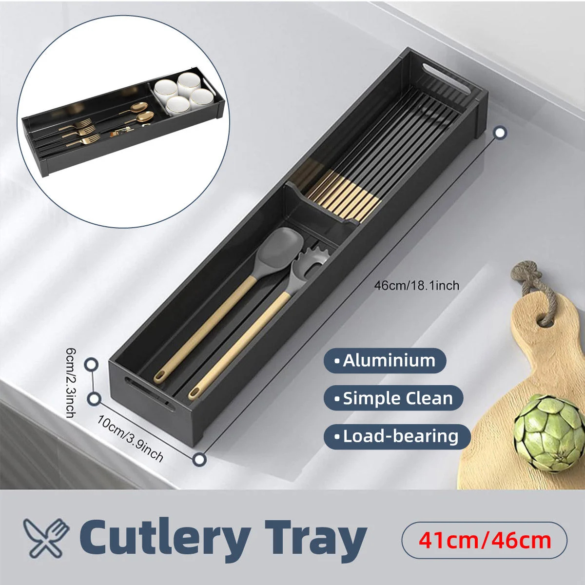 Kitchen Cabinet Drawer Cutlery Tray Utensil Organiser Insert Divider Storage - 41x10cm