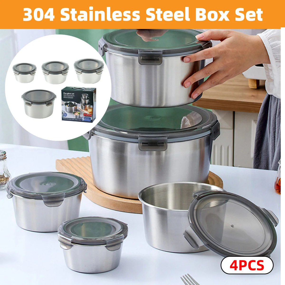Stainless Steel Box Set 4pcs Sealed Lunch Food Container Refrigerator Use