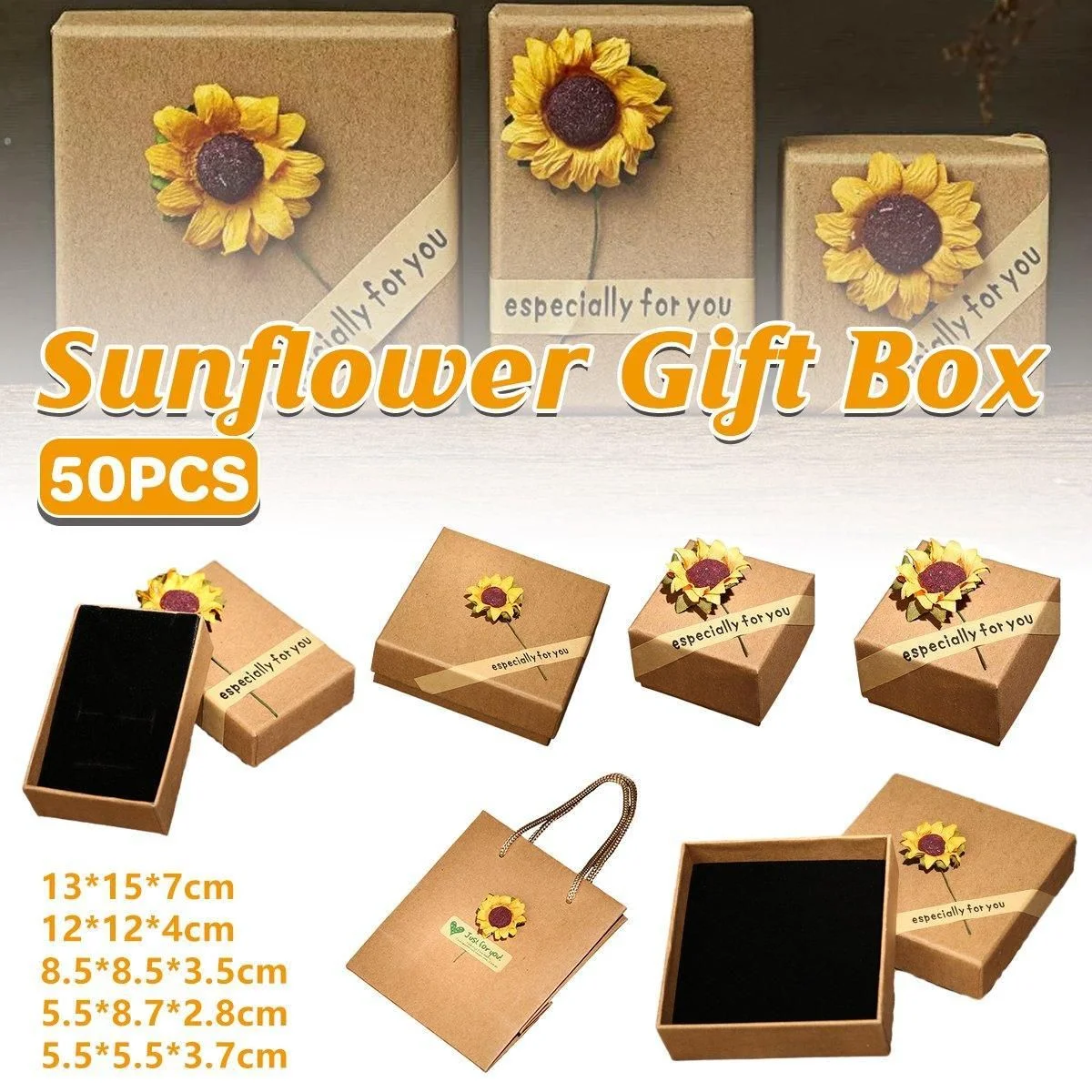 50pcs Kraft Paper Sunflower Applique Jewelry Gift Box Packaging Craft Supplies - 12*12*4cm��Box��
