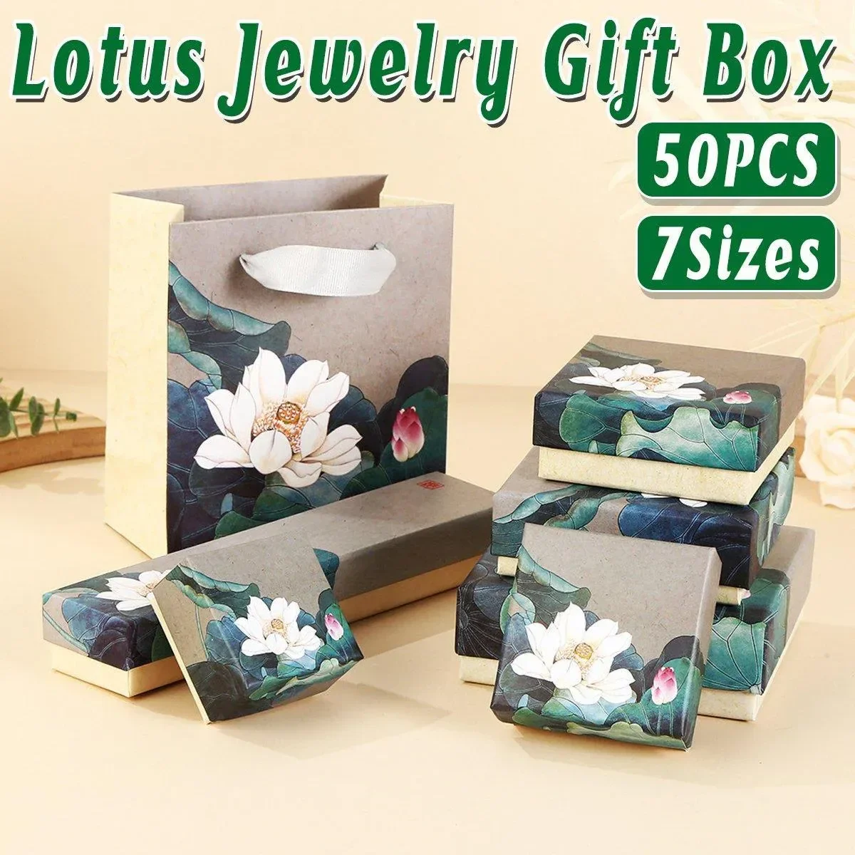 50pcs Blue Vintage Lotus Jewelry Box Paper Packaging Gift Boxes for Jewelry - 22.5*5*3.5cm(Box)