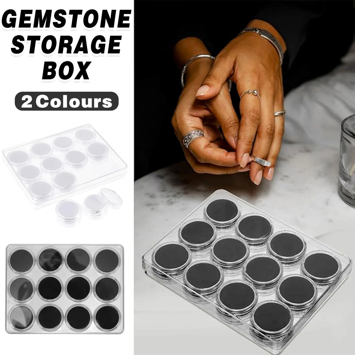 Transparent Round Gemstone Display Box Organizer Case with Lid Storage Packaging - White