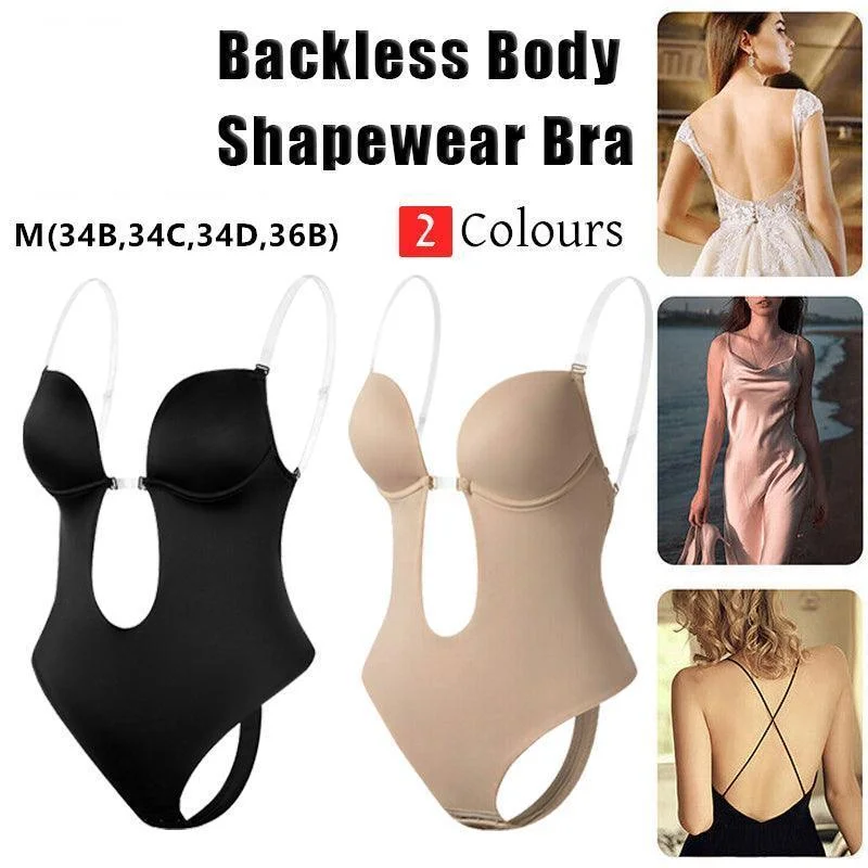 M Size Women Deep U Plunge Seamless Push Up Bra Thong Backless Bodysuit - Skin