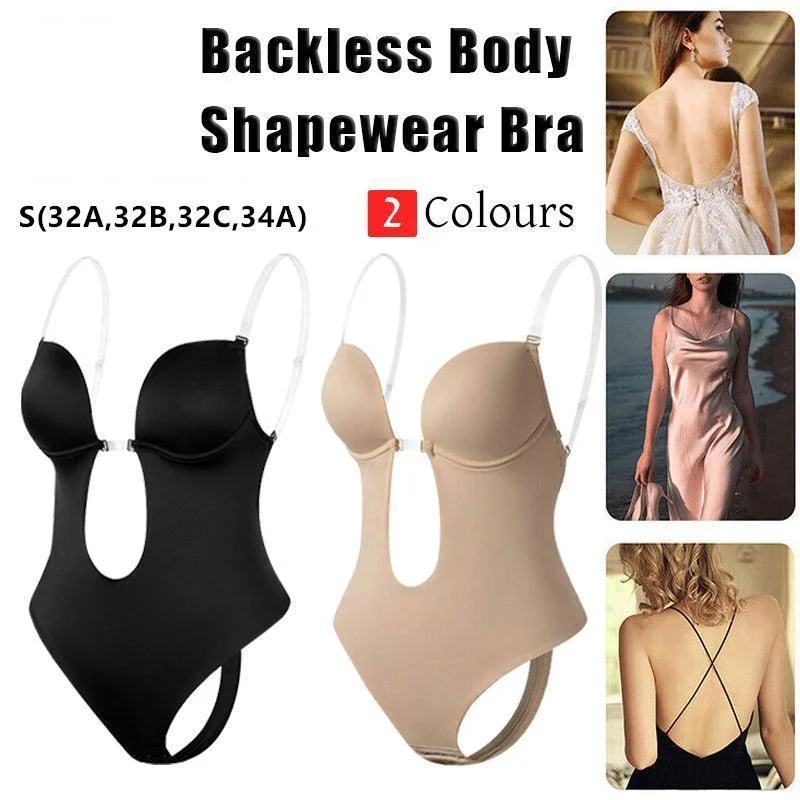 S Size Women Deep U Plunge Seamless Push Up Bra Thong Backless Bodysuit - Black