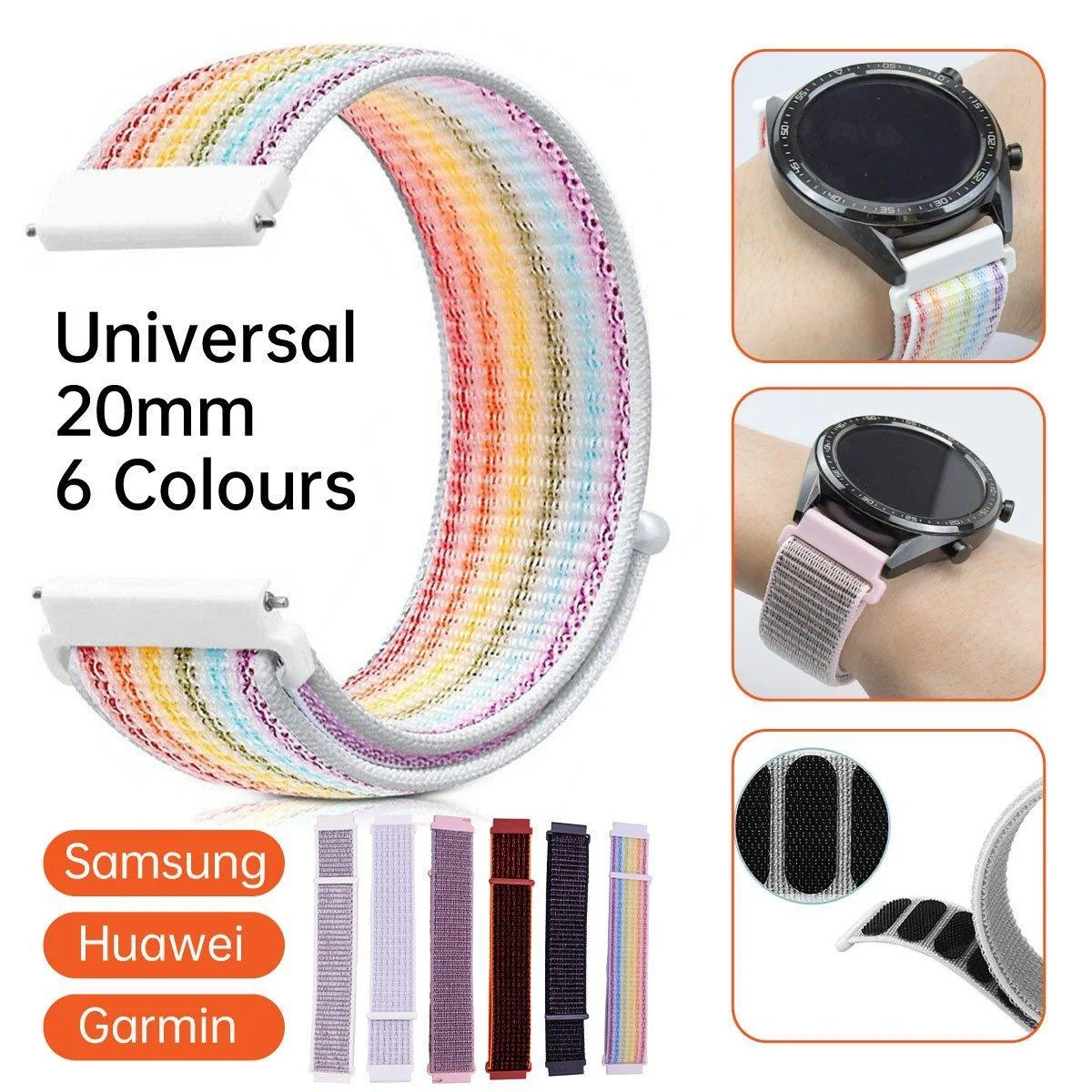 20mm Nylon Braided Sport Loop Velcro Watch Band Strap Compatible Replacement - White
