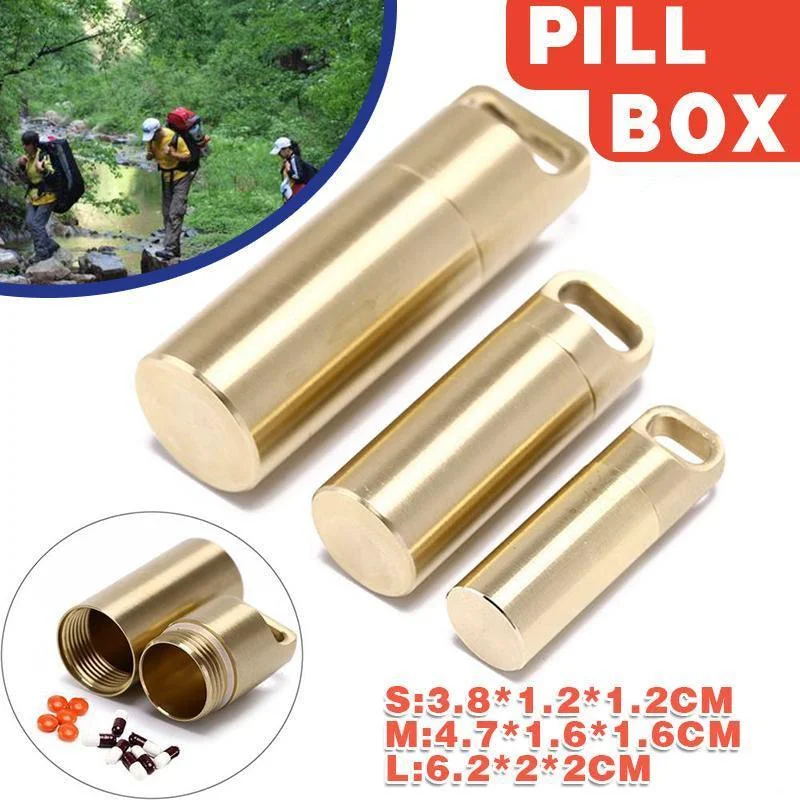 Waterproof Pill Box Case Bottle Brass Container Keyring Medicine Capsule Holder - L