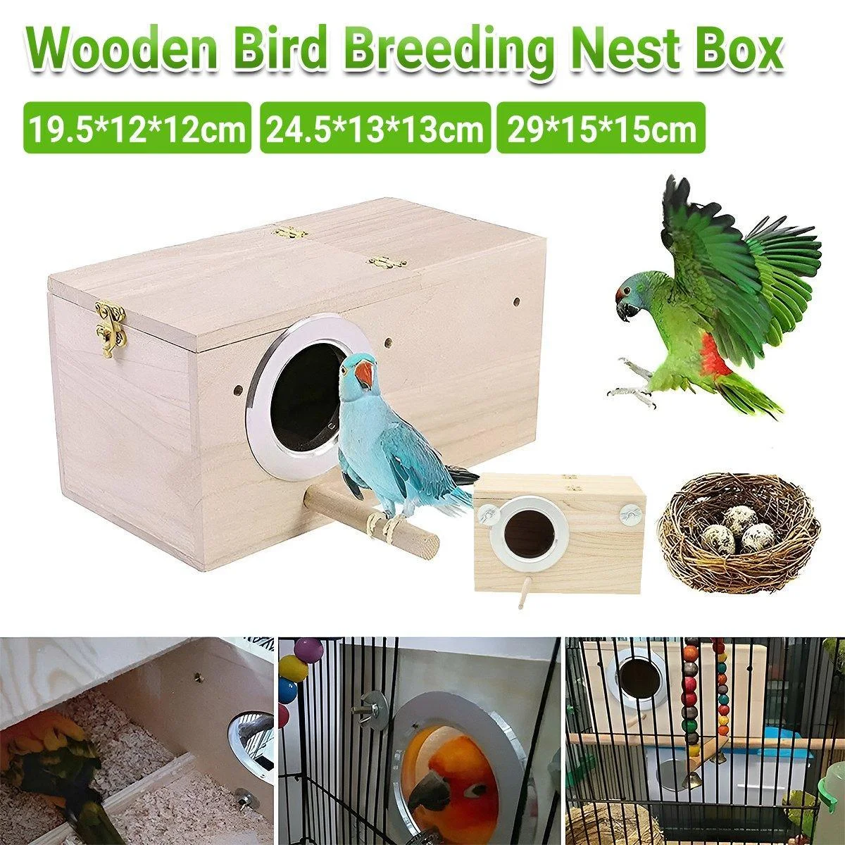 Wooden Nest Bird Breeding Box Parakeet Parrot Cockatiel Cage Nesting House S M L - S-19.5*12*12cm