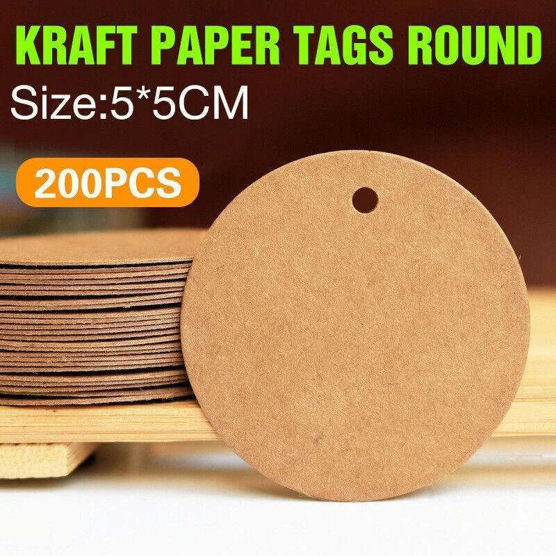 200Pcs Kraft Paper Tags Round 5X5 Cm Brown Card Cardboard Wedding Party Gift Diy