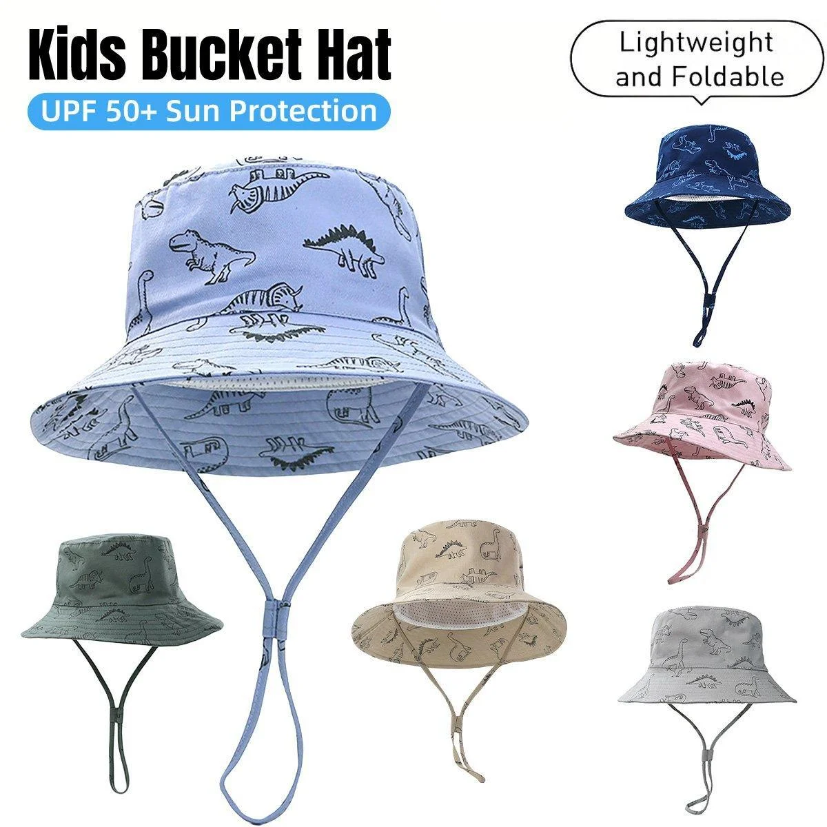 Cartoon Dinosaur Bucket Hat with Wide Brim for Summer Sun Protection - Grey