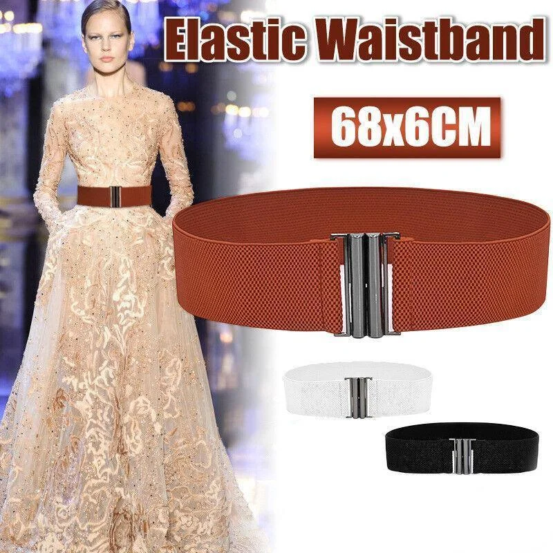 Women Elastic Waist Belt Stretch Cinch Wide Band with Metal Buckle for Dress 3Colours - Brown