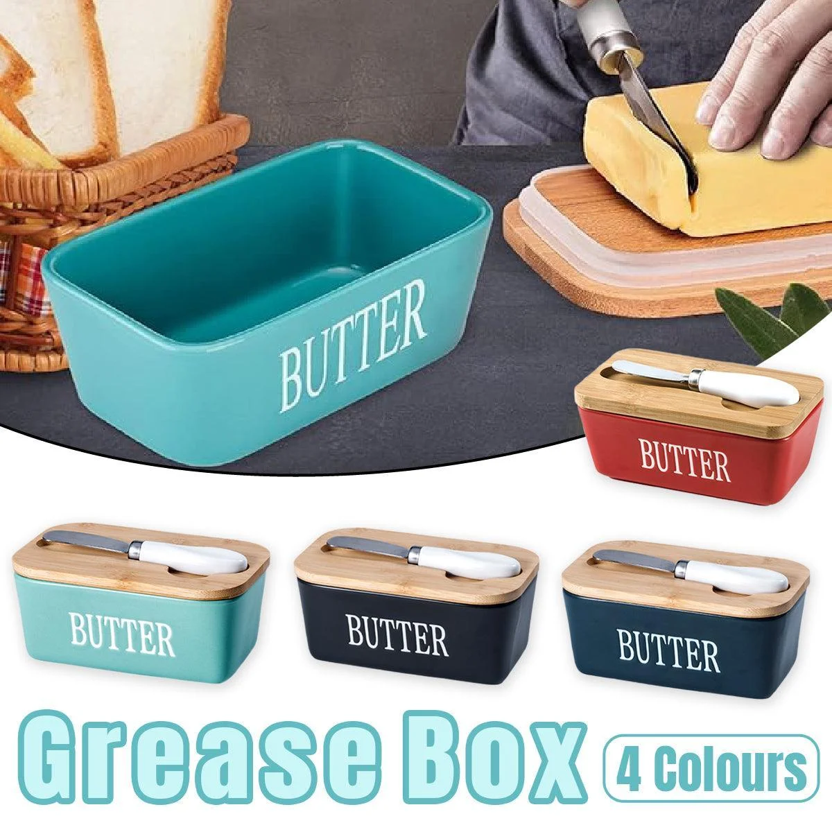Butter Box with Knife Rectangular Cheese Container with Wooden Lid for Kitchen - Green