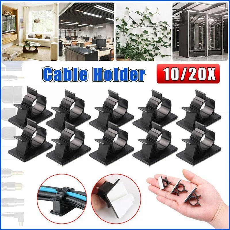 Adhesive Cord Management Cable Clips Black Wire Holder Organizer Clamp - 10PCS