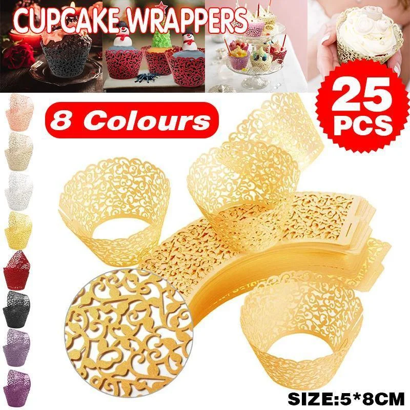 25pcs Laser Cut Cupcake Wrappers Wedding Party Baking Decorations in 8 Colours - Black