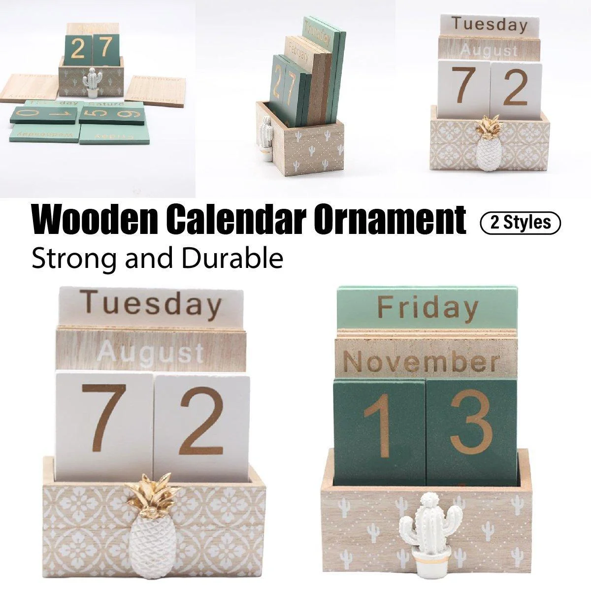 Rustic Wooden Perpetual Desk Calendar DIY Block Calendar Office Desktop Decor - Pineapple