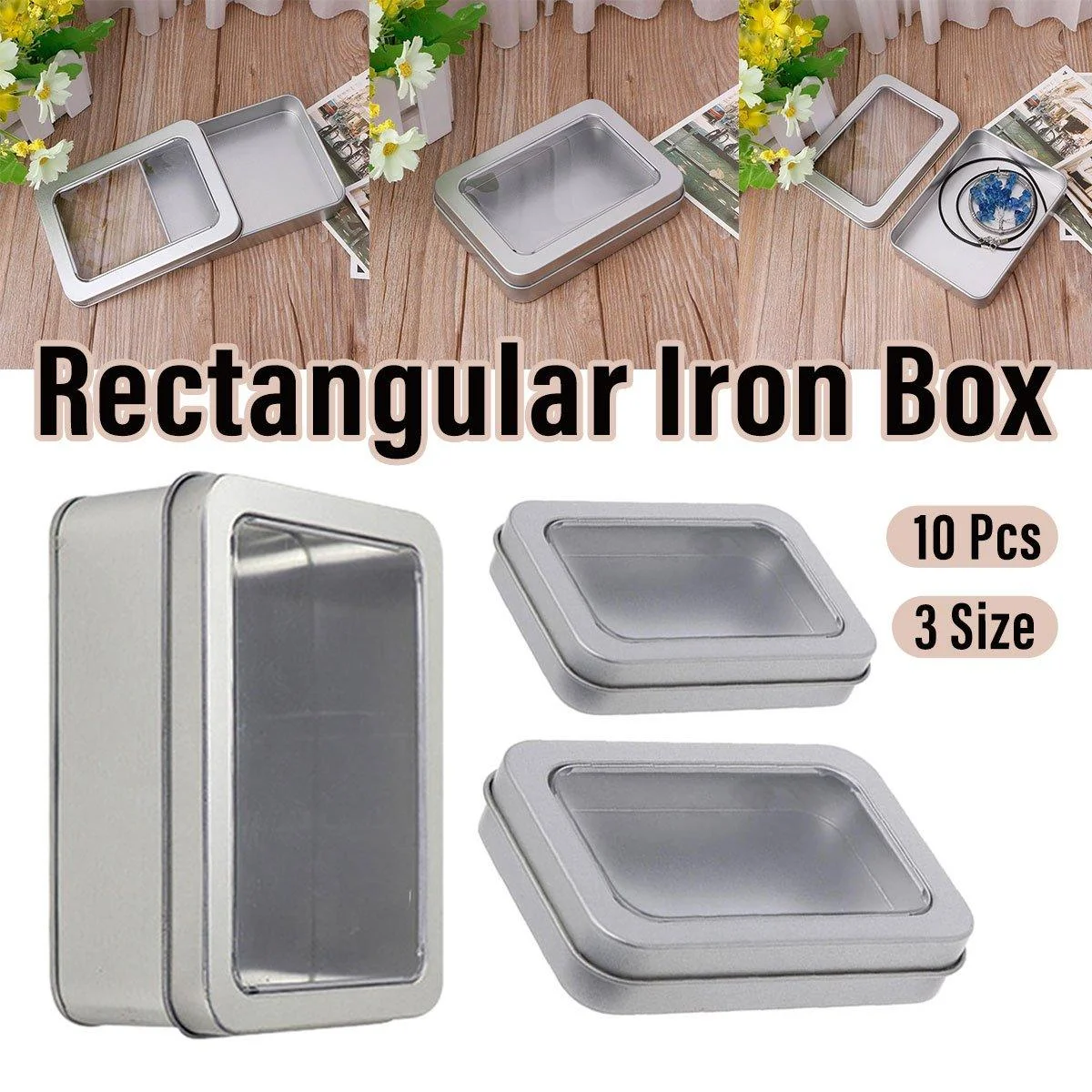 10pcs Metal Iron Box with Open Window Storage Rectangle Packaging Containers - 12.5x9x5cm