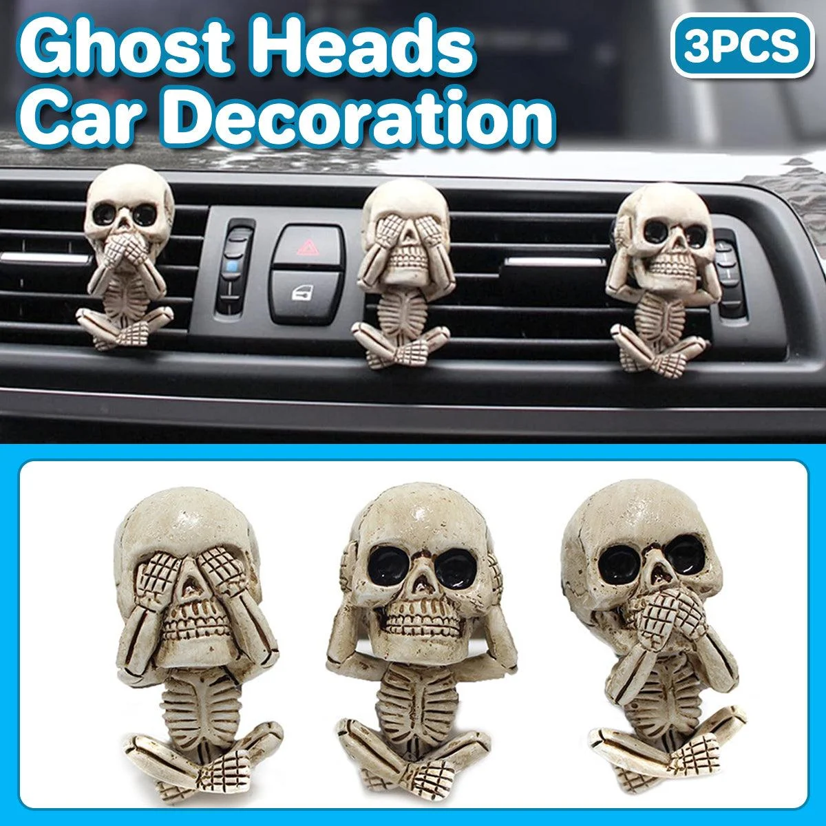 3pcs Ghost Head Car Decoration Accessories Halloween Ornament Vehicle Interior