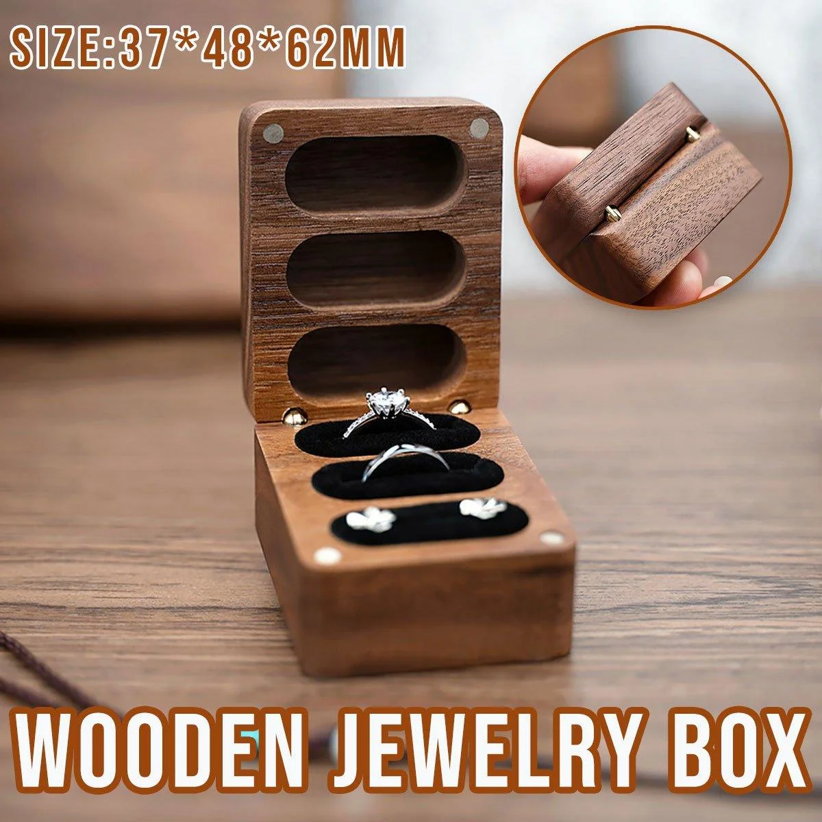 Wooden Ring Jewellery Box High Storage Box with Three Compartments for Rings