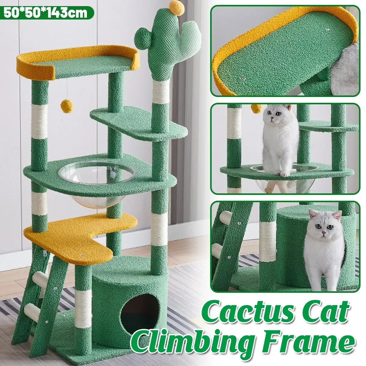 Cactus Shape Cat Tree Climbing Tower Scratching Board Nest for Kitten Play Rest