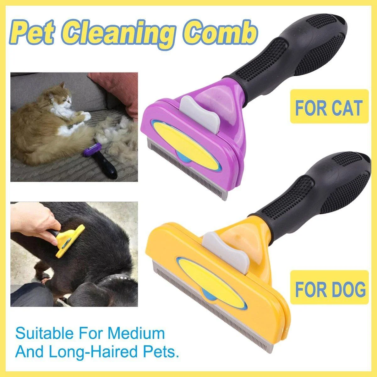 Pet Hair Removal Brush Deshedding Tool for Cats Dogs Grooming Comb Fur Remover - Purple