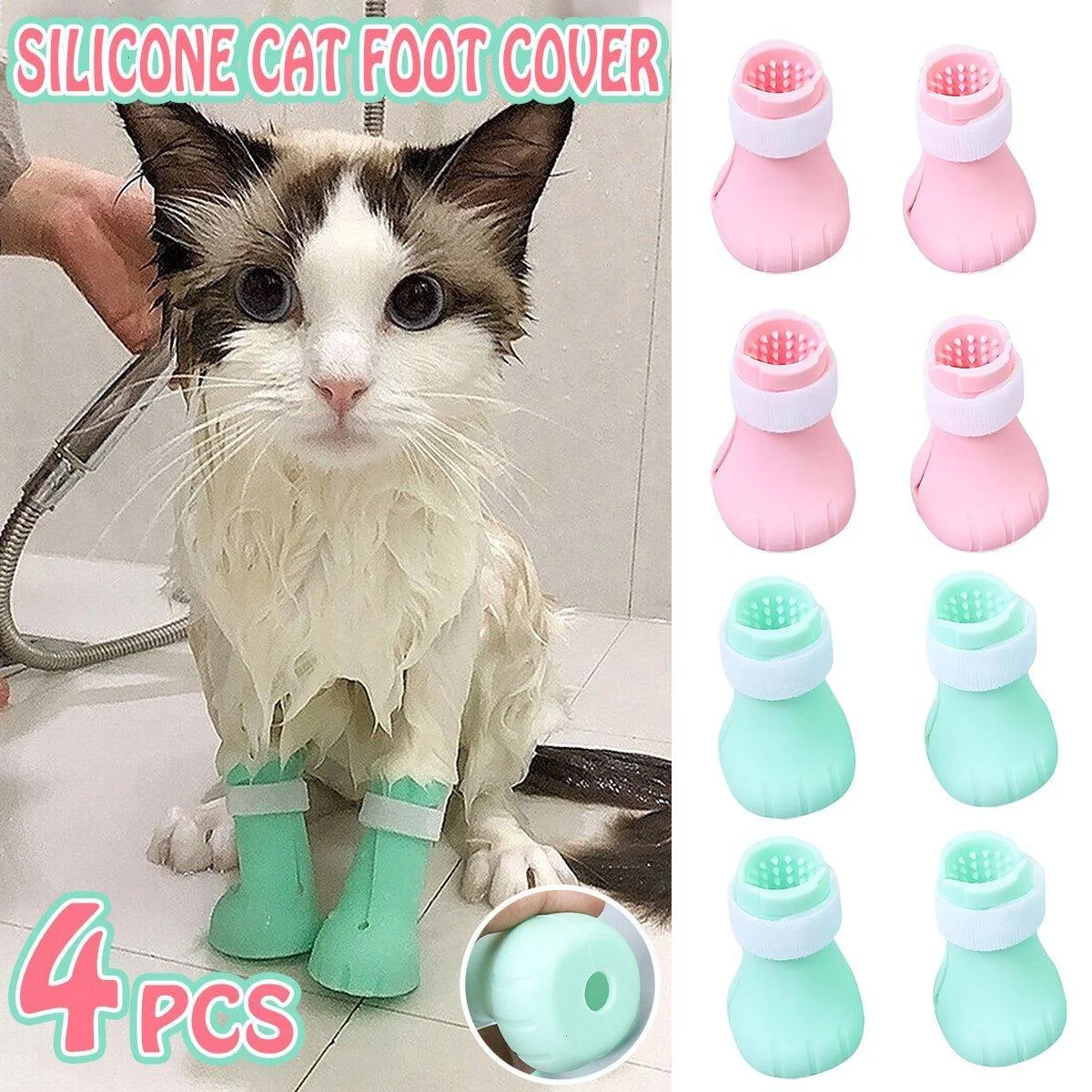 4pcs Cat Bathing Grooming Anti-Scratch Silicone Pet Socks for Bathing Feeding - Pink