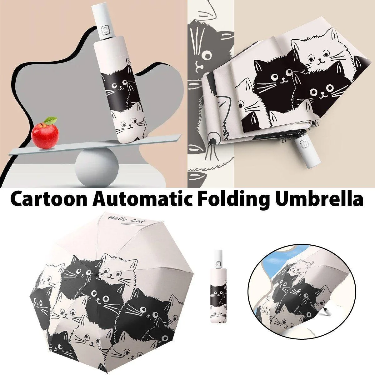 1PC Cartoon Black White Cat Automatic Folding Sun Umbrella Anti-UV For Unisex