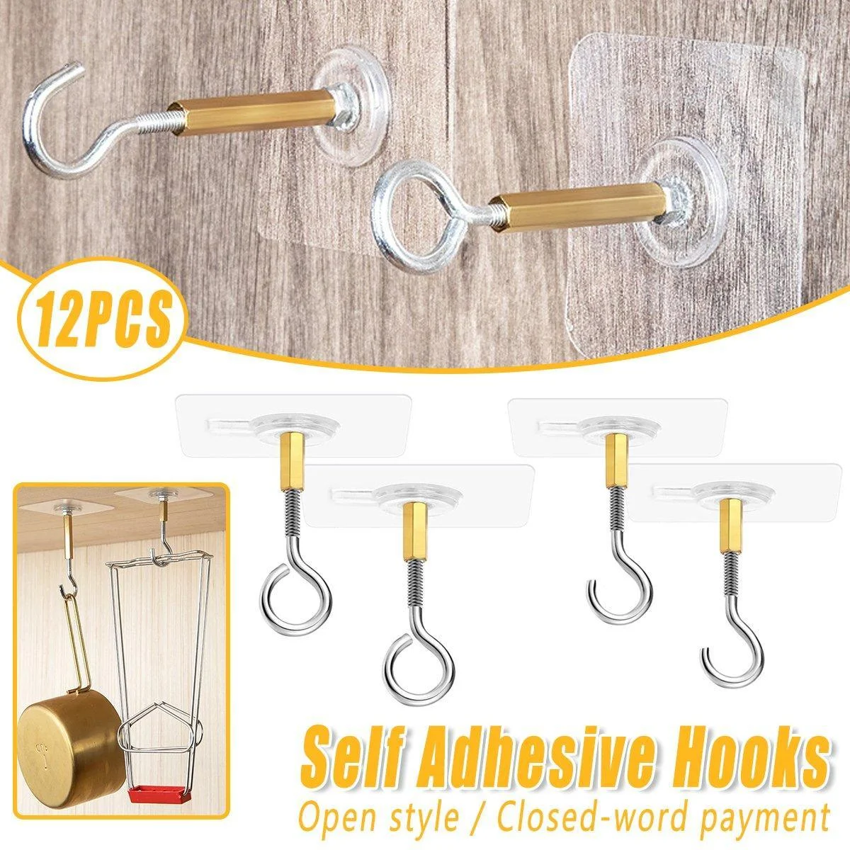 12 PCS Heavy Duty Self Adhesive Hooks Stainless Steel Ceiling Hooks for Home - Open