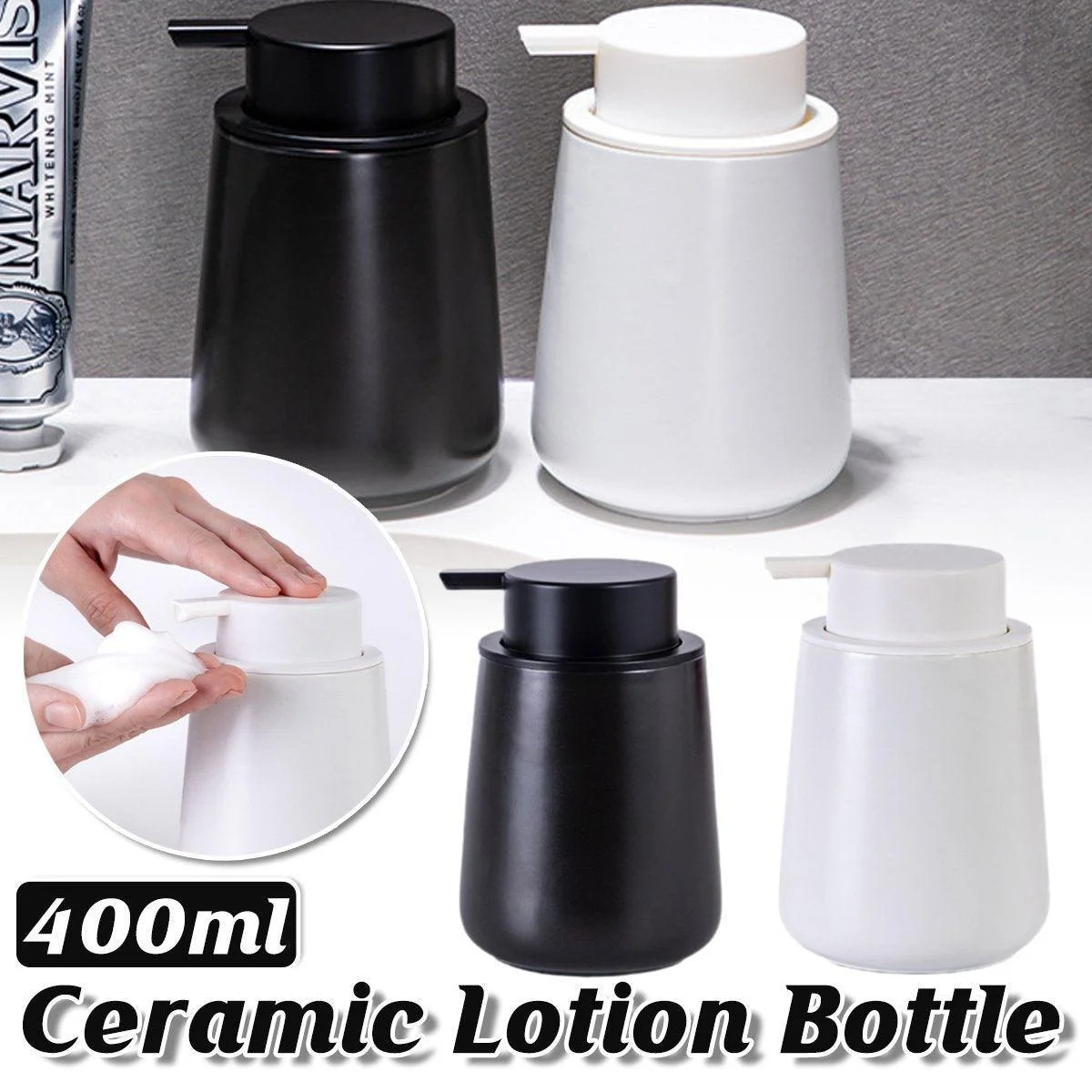 400ML Ceramic Stoneware Soap Dispenser Modern Design Lotion Pump Manual Bathroom - Black