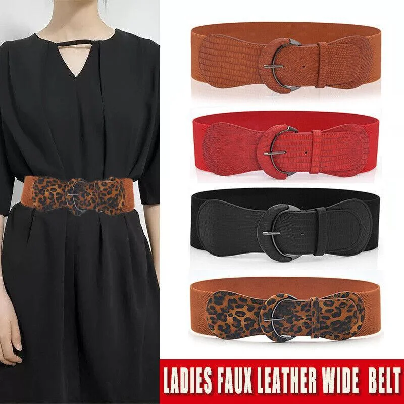 Faux Leather Cinch Waist Belt with Buckle for Women Stretch Wide Elastic Dress Belt - Khaki