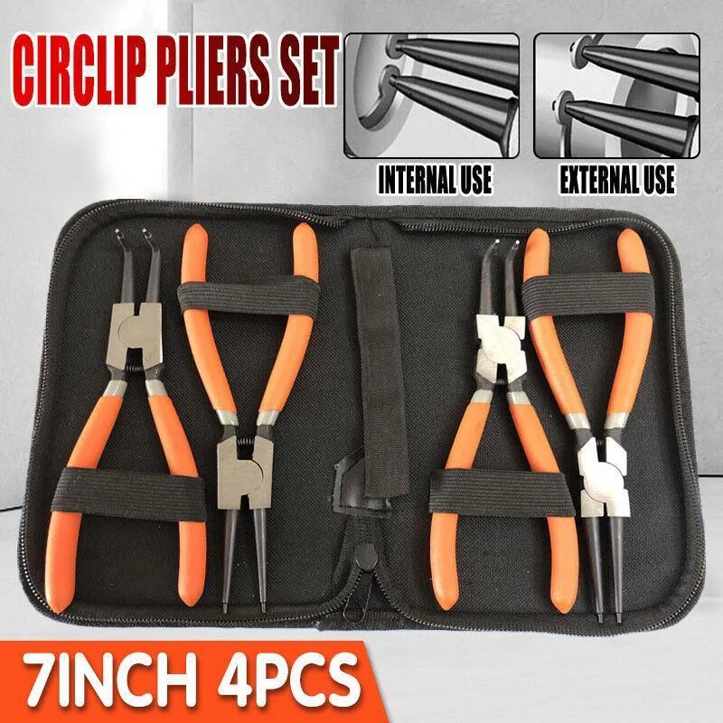 4 Pcs 7inch Circlip Plier Snap Ring Pliers Heavy Duty External Internal With Pouch