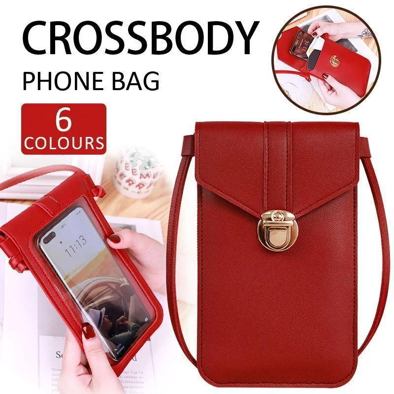 Touch Screen Crossbody Phone Bag with Clear Window PU Leather Wallet Purse - Pink