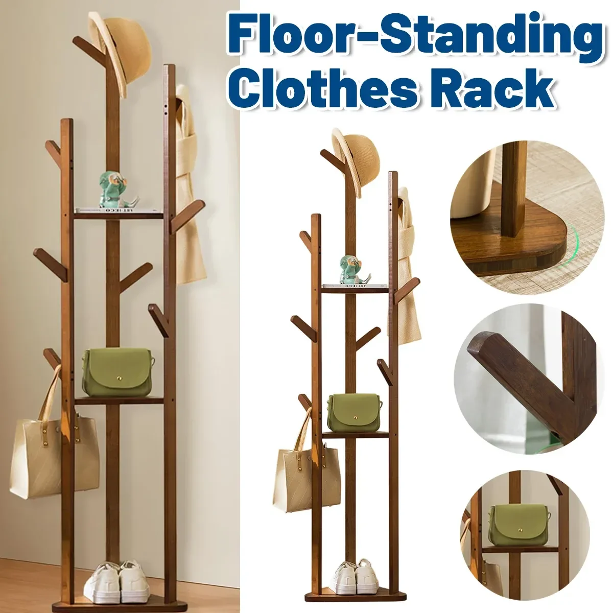 Bamboo Floor-Standing Clothes Rack with 8 Hooks Space Saving for Clothes Hat Bag