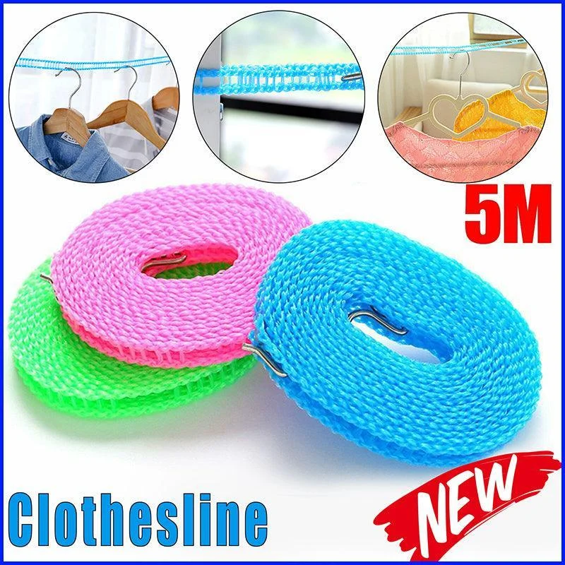 Portable 5M Travel Clothes Line Washing Rope Non Slip Airer Laundry Clothesline - Pink