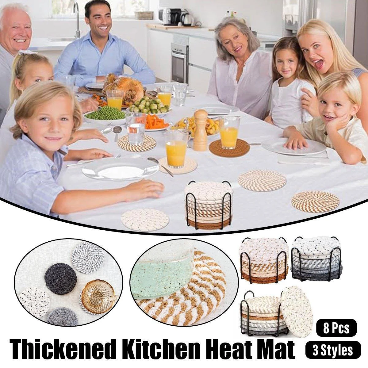 8PCS Round Cotton Woven Coaster Heat Resistant Thick Insulation Dining Table Mat - Brown