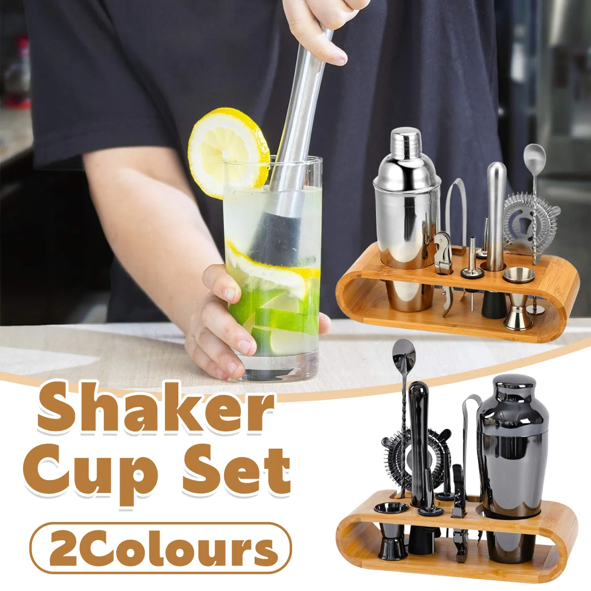 Cocktail Shaker Set Bar Tools Stainless Steel Mixing Glasses Drink Shaker Cups - Black