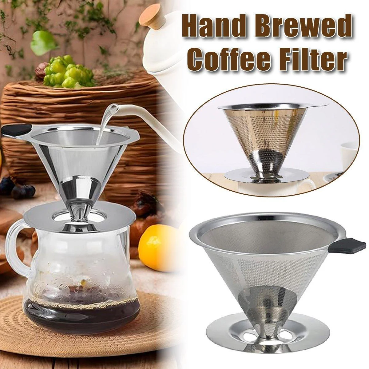 Stainless Steel Double Layer Hand Coffee Filter 600 Mesh Paper-Free Tea Funnel