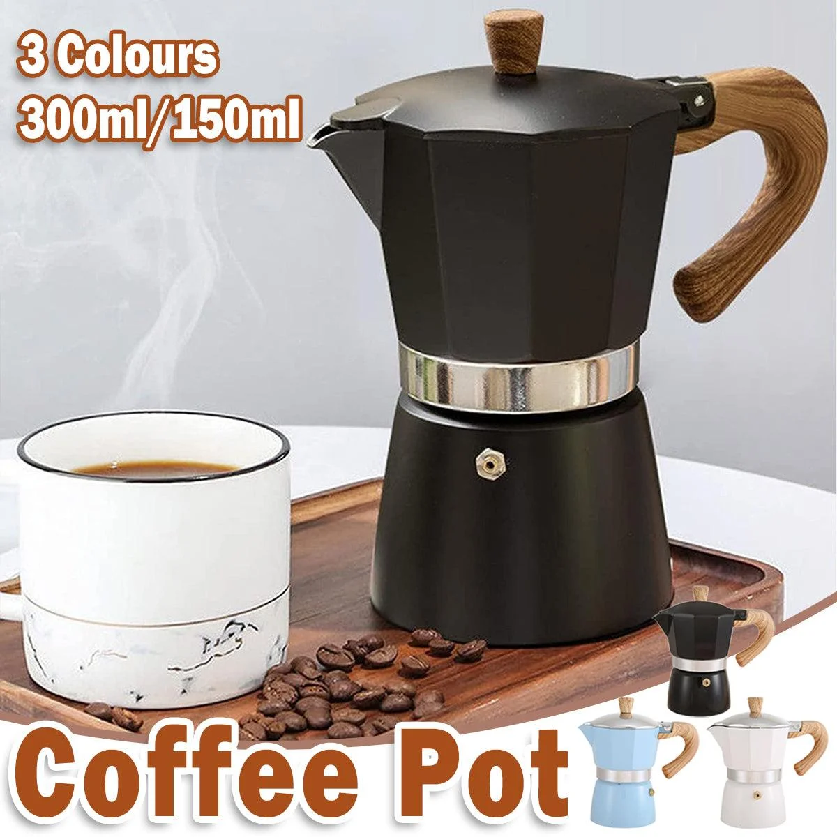 Portable Coffee Maker Wood Grain Handle Outdoor Manual Espresso Machine Camping - Black-300ml