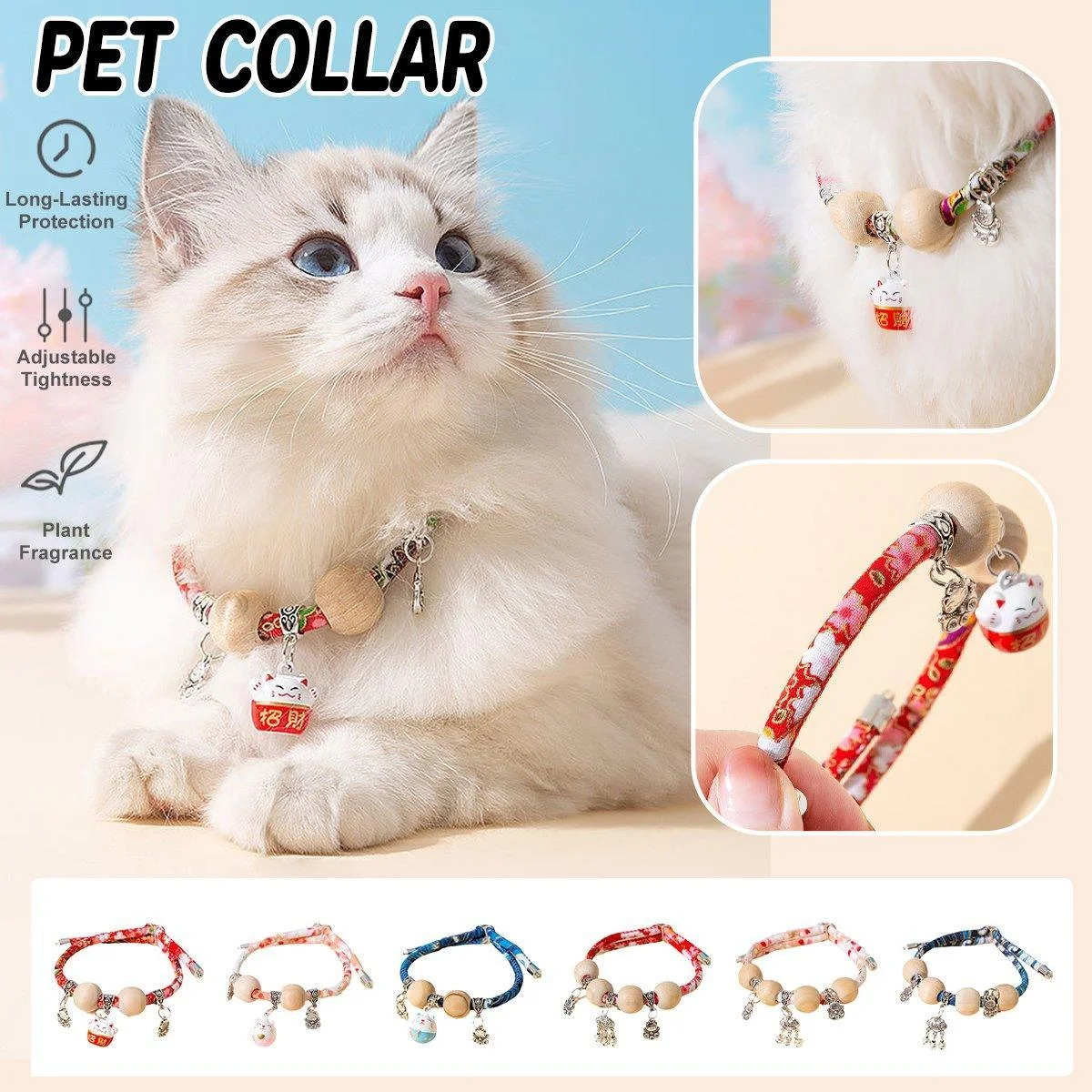 Camphor Wood Bead Collar with Bell Necklace for Cats and Dogs Pet Accessories - Pink-Longevity Lock