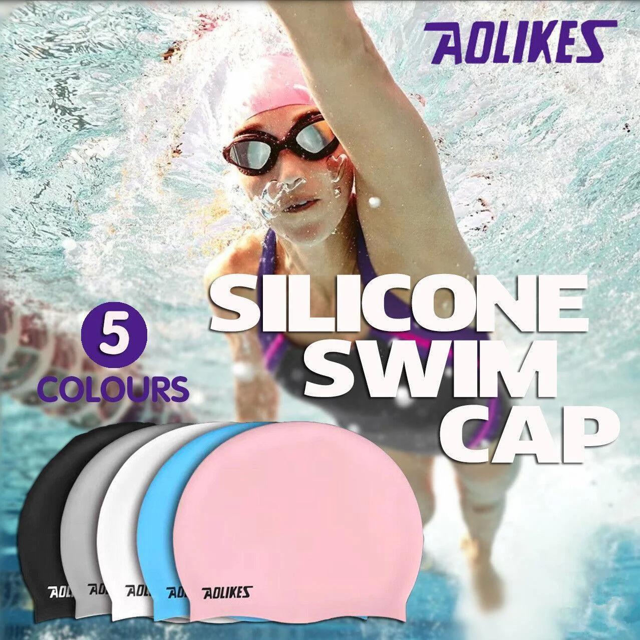 Aolikes Silicone Swimming Cap Waterproof Unisex Swim Hat for Men and Women - Grey