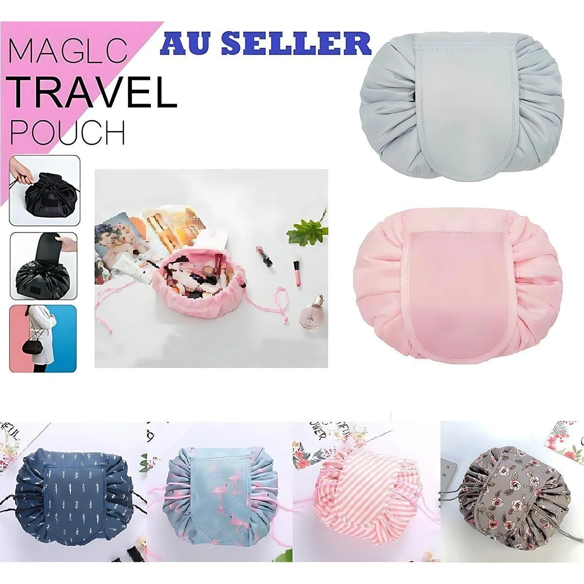 Portable Travel Makeup Bag Drawstring Cosmetic Pouch Lazy Storage Organiser Case - Pink White Strip