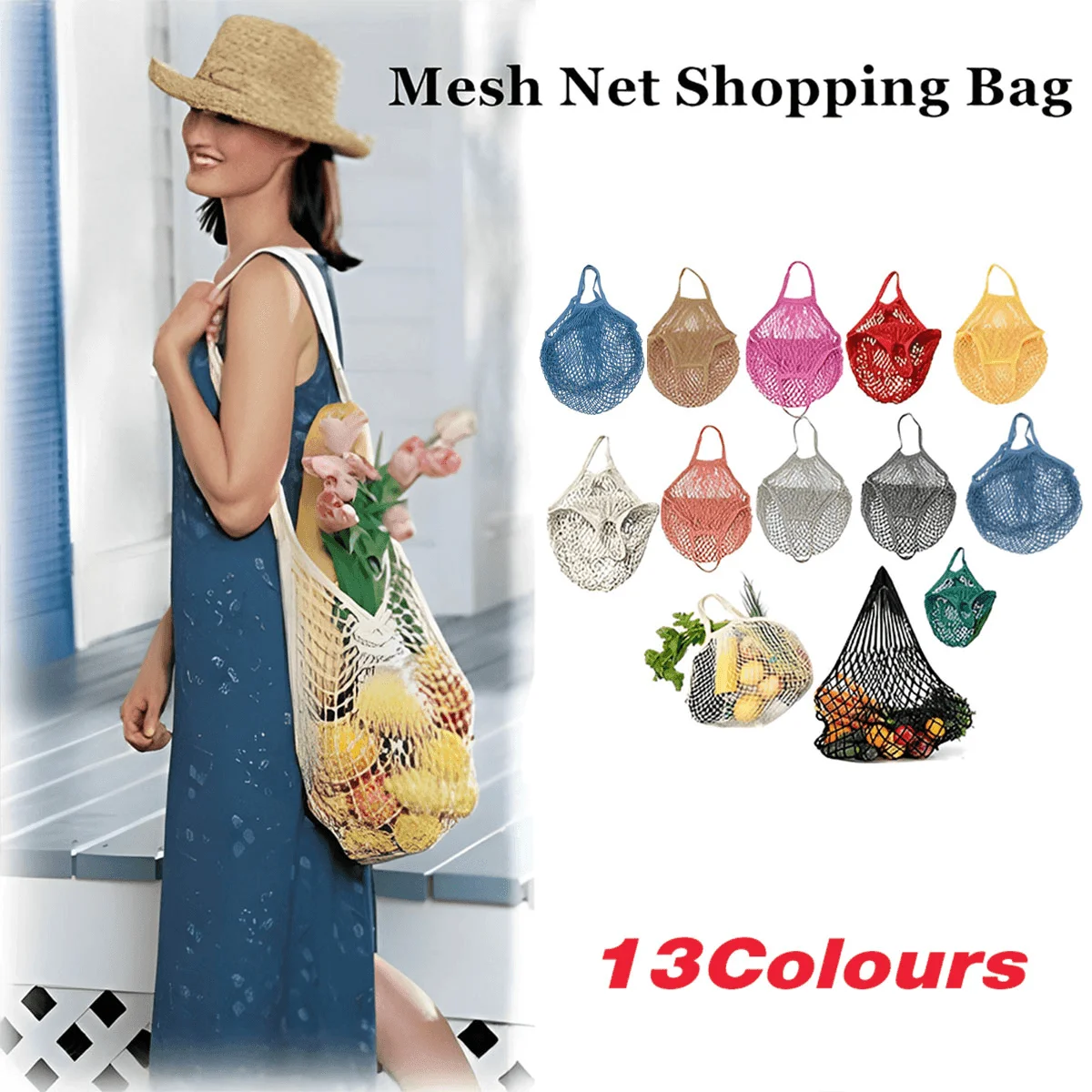 Reusable Mesh Net Shopping Bag String Tote Grocery Fruit Vegetable Storage - Red
