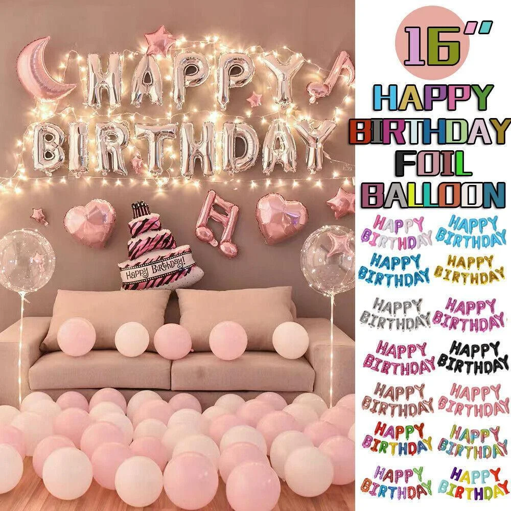 40Cm 3D Happy Birthday Letters Balloons Inflating Foil Banner Bunting Celebrate - Rose Red
