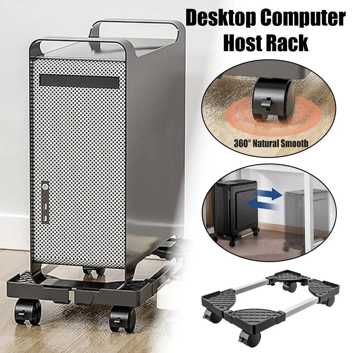 Adjustable Desktop Computer Tower Stand Telescopic Chassis Holder with Wheels