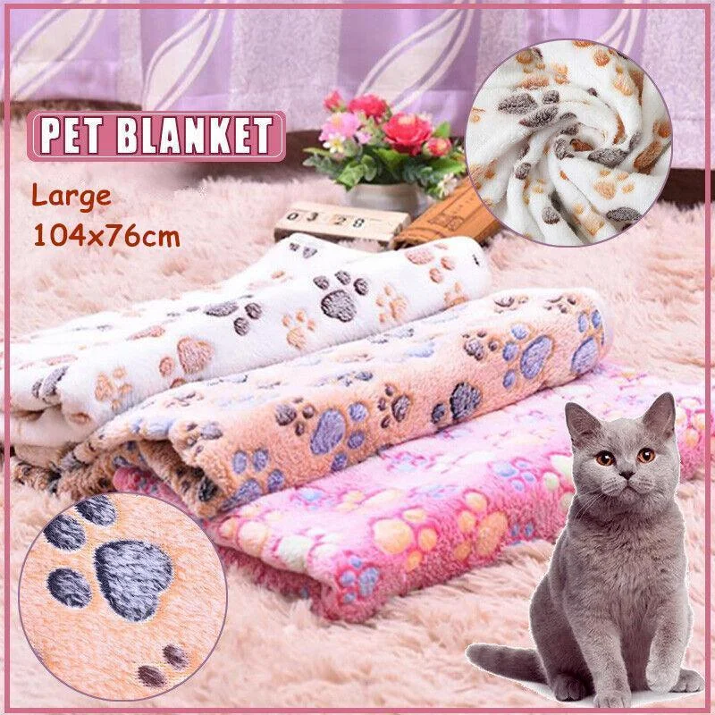Large Size Pet Mat Paw Print Cat Dog Puppy Fleece Soft Pet Blanket Bed Cushion - Brown