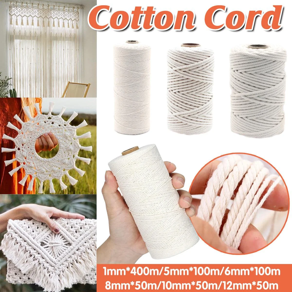 Cotton Rope Macrame Cord 1-12mm DIY Craft Tapestry Binding Decorative String - 6mm x 100m
