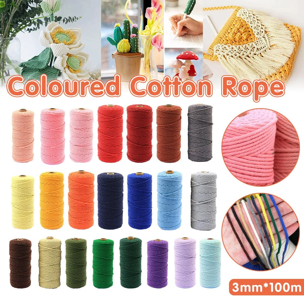 3mm Colored Cotton Rope DIY Hand Woven Macrame Cord Tapestry Binding Craft Rope - Dark Pink