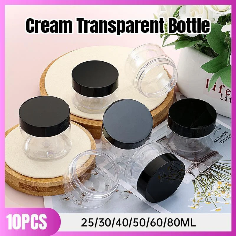 10pcs Wide Mouth Plastic Jars Black Lid Transparent Skin Care Cream Containers - 40ml