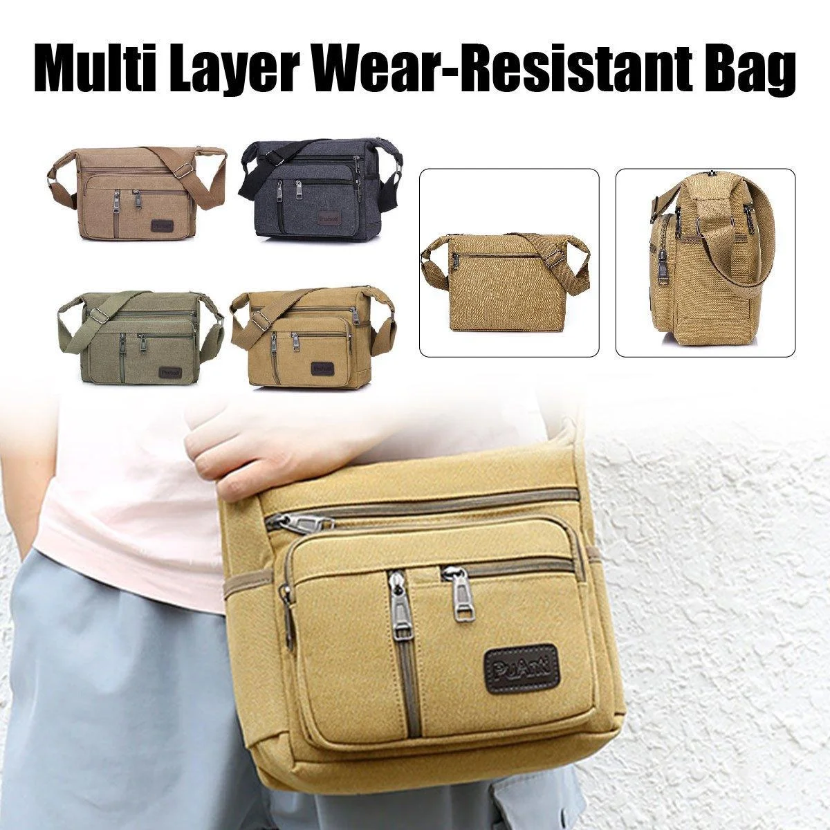 Multi Layer Canvas Crossbody Bag Casual Shoulder Bag for Travel Messenger Bag - Khaki